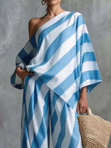 Full Size One-Shoulder Striped Top and Wide-Leg Pants Set Plus Size - photo produit 6 - VELZAR
