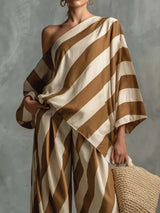 Full Size One-Shoulder Striped Top and Wide-Leg Pants Set Plus Size - photo produit 4 - VELZAR