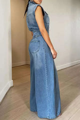 Sleeveless Wide-Leg Denim Jumpsuit with Button-Front - photo produit 3 - VELZAR