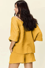 Double Take – Ensemble T-Shirt Texturé Manches Mi-Longues et Short à Cordon - photo produit 2 - VELZAR