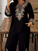 Full Size Embroidered Long Sleeve Top and Pants Set Plus Size - photo produit 6 - VELZAR