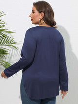 Plus Size Round Neck Long Sleeve Slit T-Shirt - photo produit 2 - VELZAR