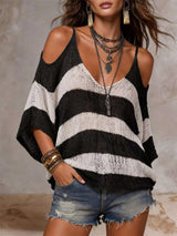 Striped Cold Shoulder Sweater - photo produit 3 - VELZAR
