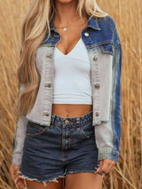 Color Block Patchwork Raw Hem Denim Jacket - photo produit 1 - VELZAR