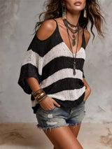 Striped Cold Shoulder Sweater - photo produit 2 - VELZAR