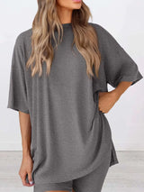 Ensemble Loungewear Haut Oversize Fendu Col Rond et Short Grande Taille - photo produit 6 - VELZAR