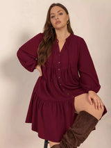 Plus Size Button Front Balloon Sleeve Dress - photo produit 3 - VELZAR