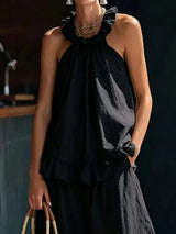 Full Size Ruffled Halter Neck Top and Wide-Leg Pants Set Plus Size - photo produit 6 - VELZAR