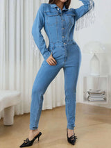Fringe Half Button Long Sleeve Denim Jumpsuit - photo produit 3 - VELZAR