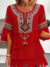 Full Size Printed Notched Ruffled Half Sleeve Dress Plus Size - photo produit 4 - VELZAR