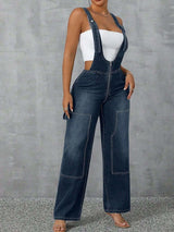 Zip Front Wide Strap Denim Overalls - photo produit 4 - VELZAR