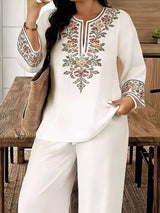 Full Size Embroidered Long Sleeve Top and Pants Set Plus Size - photo produit 2 - VELZAR