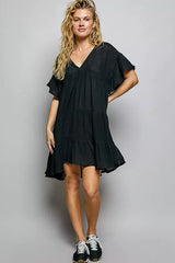 POL – Robe en Coton Col en V Volantée Froncée Manches Courtes - photo produit 5 - VELZAR