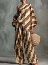 Full Size One-Shoulder Striped Top and Wide-Leg Pants Set Plus Size - photo produit 3 - VELZAR