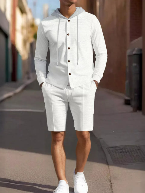 Men's Full Size Casual Hooded Button-Up Top and Shorts Set Plus Size - photo produit 1 - VELZAR