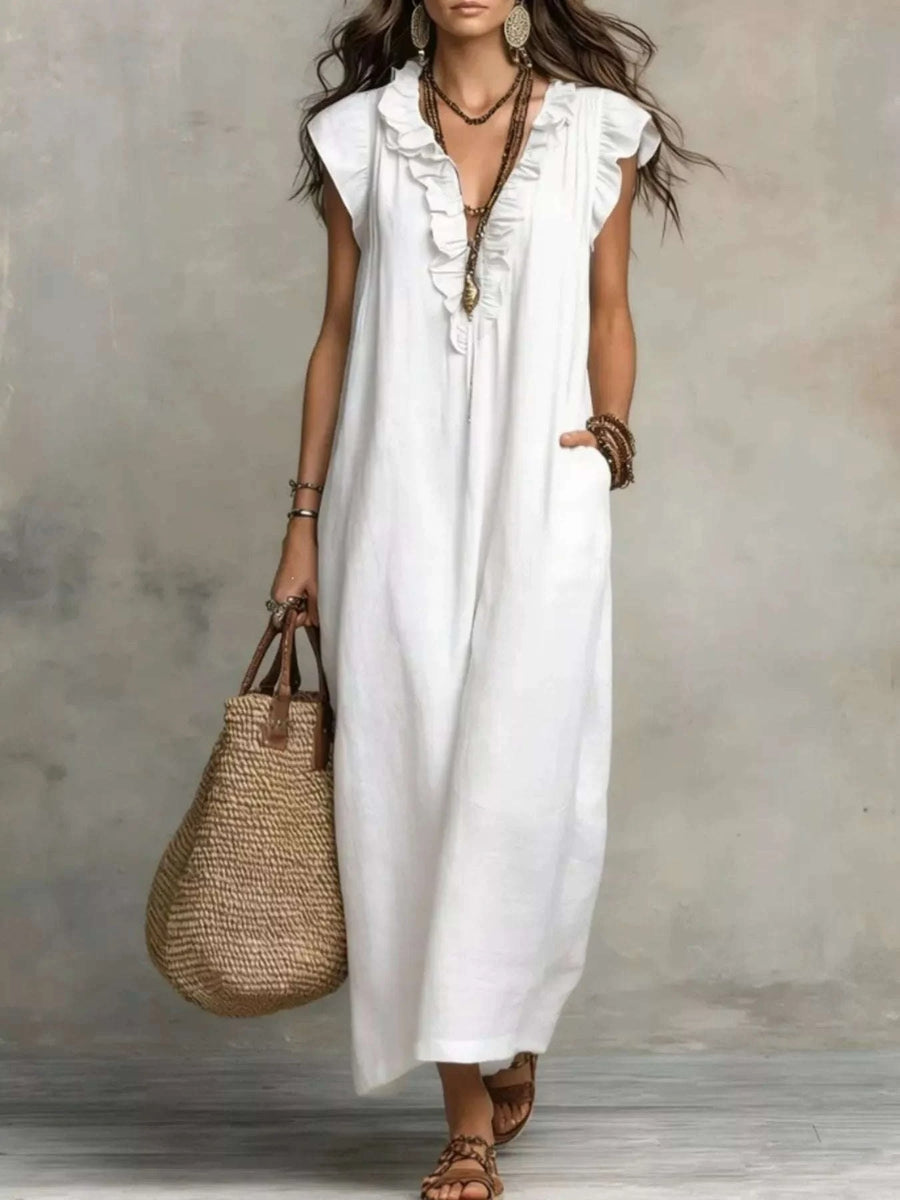 Robe Longue Col en V Volantée