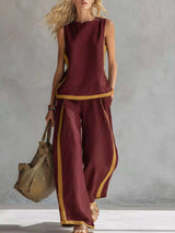 Ensemble Haut Sans Manches Rayures Contrastantes et Pantalon Jambe Large Grande Taille - photo produit 4 - VELZAR