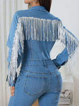 Fringe Half Button Long Sleeve Denim Jumpsuit - photo produit 5 - VELZAR
