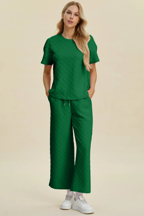 Double Take – Ensemble Haut Texturé Col Rond Manches Courtes et Pantalon Grande Taille - photo produit 1 - VELZAR