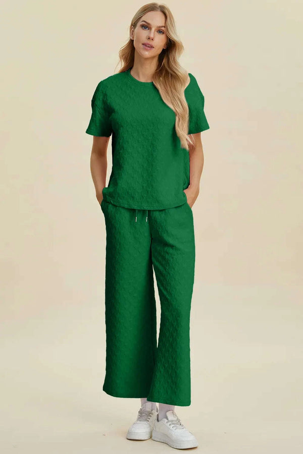 Double Take – Ensemble Haut Texturé Col Rond Manches Courtes et Pantalon Grande Taille - photo produit 1 - VELZAR