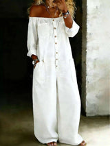 Full Size Off-Shoulder Button-Down Wide-Leg Jumpsuit Plus Size - photo produit 1 - VELZAR