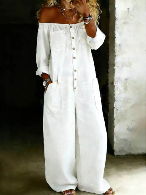 Full Size Off-Shoulder Button-Down Wide-Leg Jumpsuit Plus Size - photo produit 1 - VELZAR