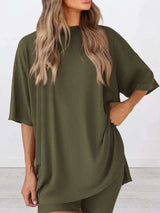 Ensemble Loungewear Haut Oversize Fendu Col Rond et Short Grande Taille - photo produit 2 - VELZAR