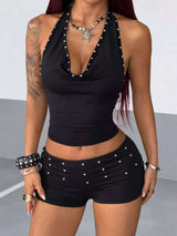 Studded Halter Neck Crop Top and Shorts Set - photo produit 2 - VELZAR