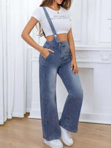 Adjustable Strap Washed Wide-Leg Denim Overalls - photo produit 4 - VELZAR