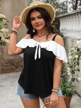 Plus Size Ruffled Contrast Short Sleeve Blouse - photo produit 3 - VELZAR