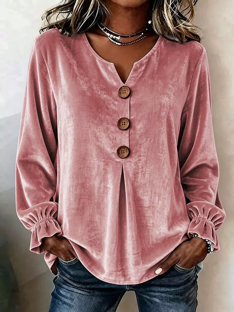 Full Size Velvet Button Decor Blouse with Ruffled Cuffs Plus Size - photo produit 1 - VELZAR