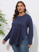 Plus Size Round Neck Long Sleeve Slit T-Shirt - photo produit 4 - VELZAR