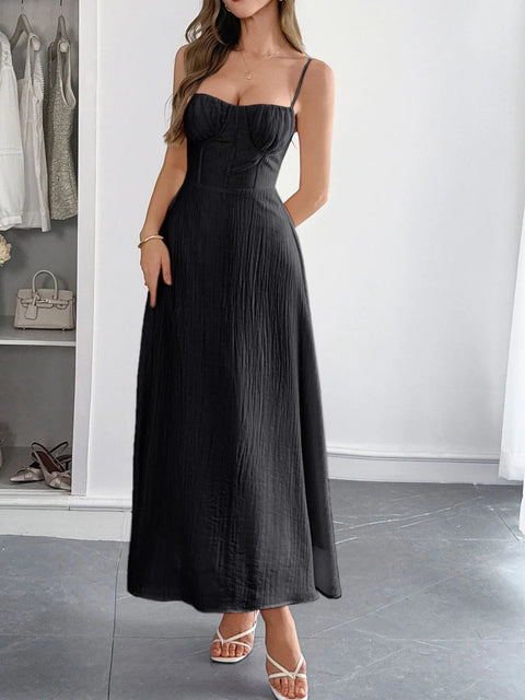 Robe à Fines Bretelles Texturée Col Cœur Dos Nu - photo produit 1 - VELZAR