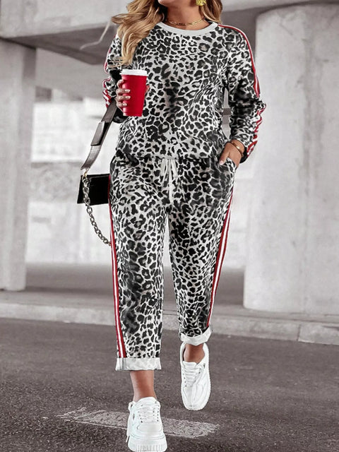 Plus Size Leopard Print Long Sleeve Top and Pants Set - photo produit 1 - VELZAR