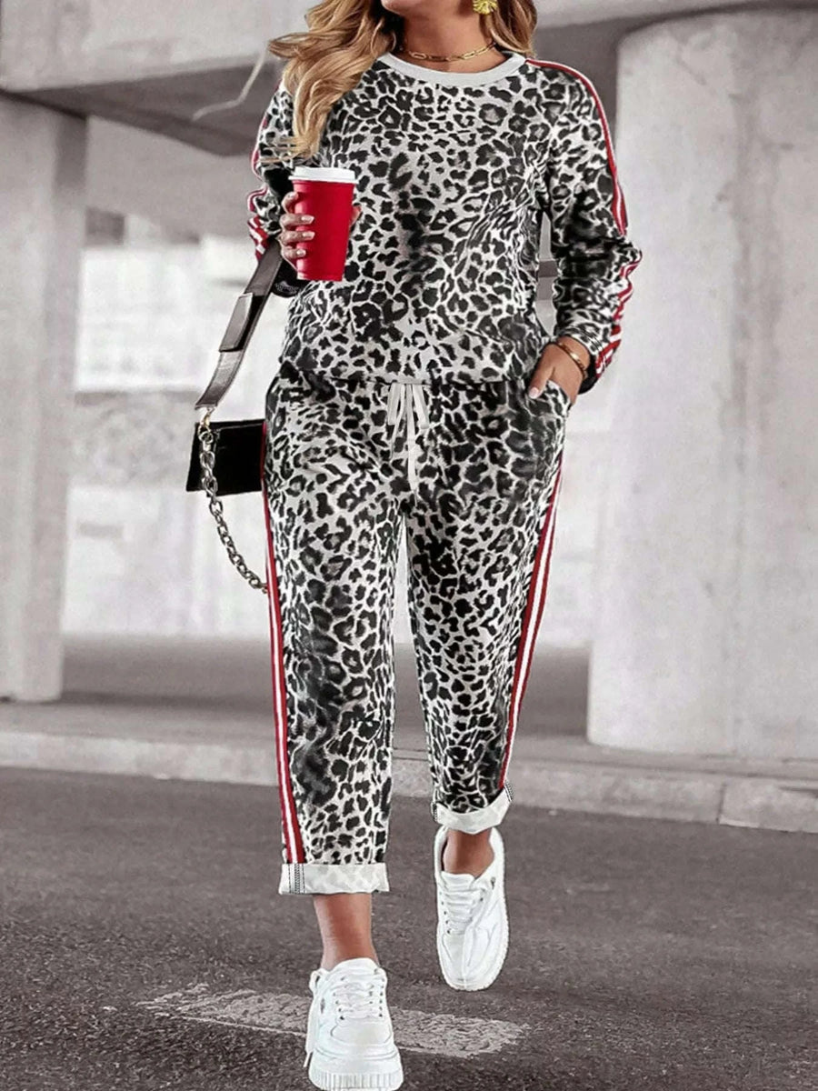Ensemble Haut Manches Longues et Pantalon Imprimé Léopard Grande Taille