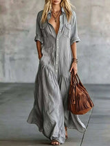 Full Size Button Front Roll-Up Sleeve Maxi Dress Plus Size - photo produit 4 - VELZAR
