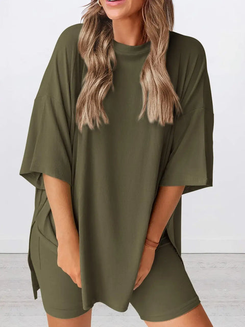 Ensemble Loungewear Haut Oversize Fendu Col Rond et Short Grande Taille - photo produit 1 - VELZAR