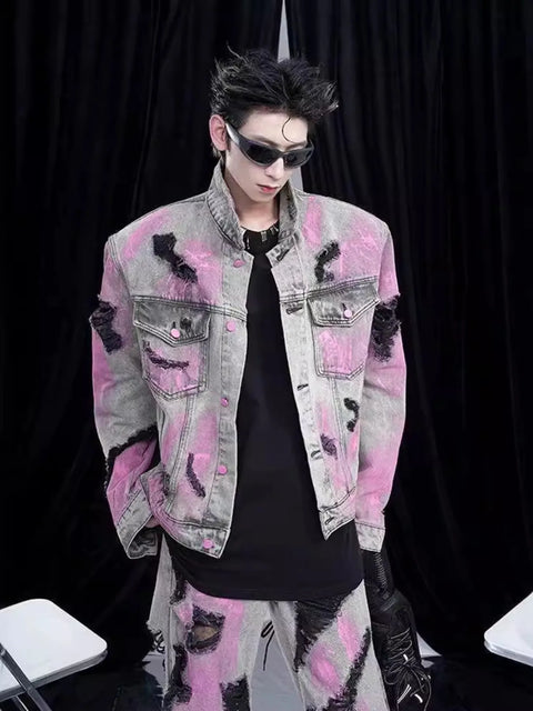 Veste en Denim Graffiti Délavée Grande Taille Homme - photo produit 1 - VELZAR