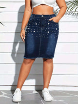 Plus Size Pearl Embellished Frayed Hem Denim Skirt - photo produit 1 - VELZAR