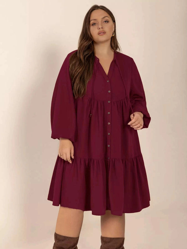 Plus Size Button Front Balloon Sleeve Dress - photo produit 1 - VELZAR