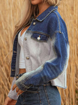 Color Block Patchwork Raw Hem Denim Jacket - photo produit 4 - VELZAR