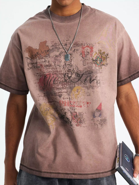 T-Shirt Col Rond Oversize Graphique Vintage Homme - photo produit 1 - VELZAR