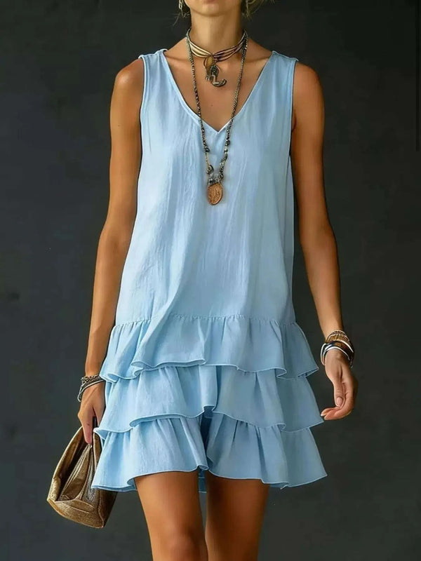 Robe Sans Manches Col en V Ourlet Volanté Grande Taille - photo produit 1 - VELZAR