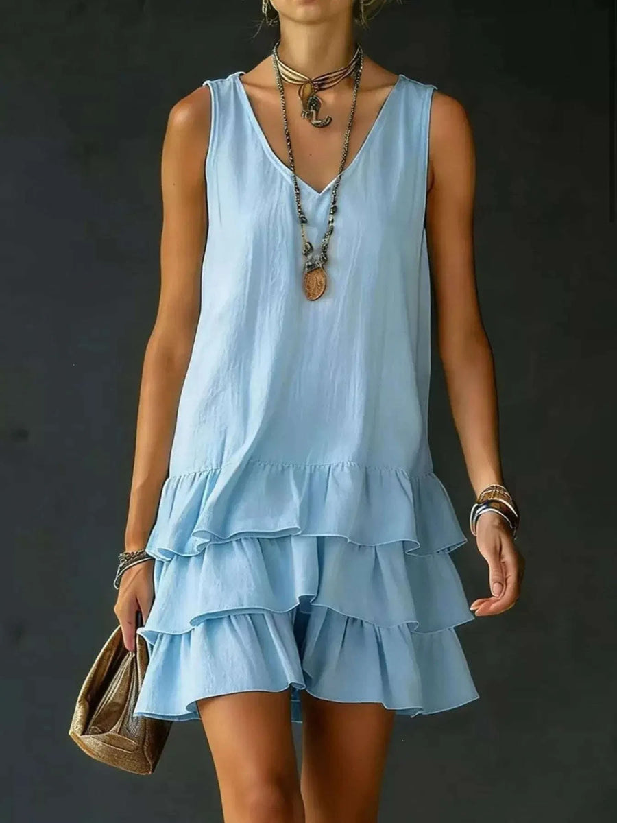 Robe Sans Manches Col en V Ourlet Volanté Grande Taille