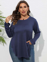 Plus Size Round Neck Long Sleeve Slit T-Shirt - photo produit 3 - VELZAR