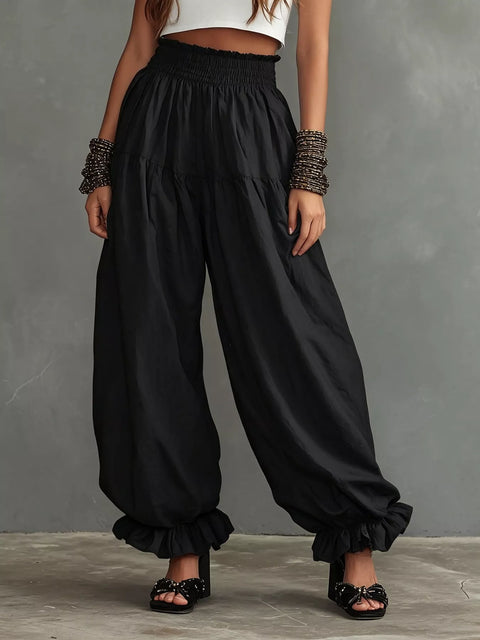Full Size Smocked Ruffle Hem Wide Leg Pants Plus Size - photo produit 1 - VELZAR
