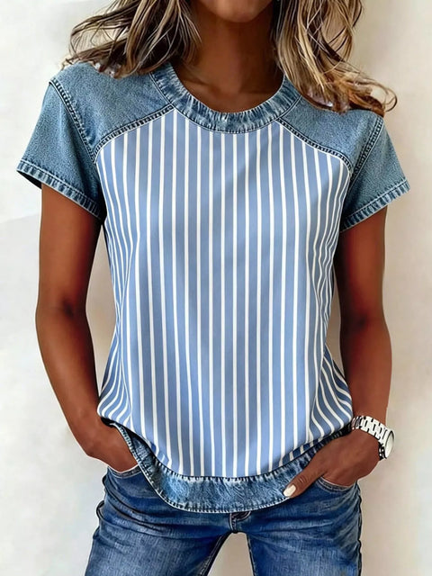 Blouse en Denim Patchwork Manches Courtes - photo produit 1 - VELZAR