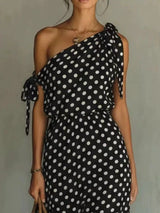 Full Size Polka Dot One-Shoulder Maxi Dress with Tie Details Plus Size - photo produit 2 - VELZAR