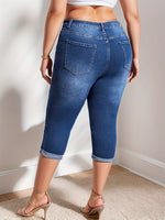 Plus Size Rolled Hem High Waist Denim Capri Jeans - photo produit 4 - VELZAR