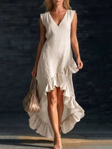 Full Size V-Neck Ruffle Hem High-Low Dress Plus Size - photo produit 5 - VELZAR
